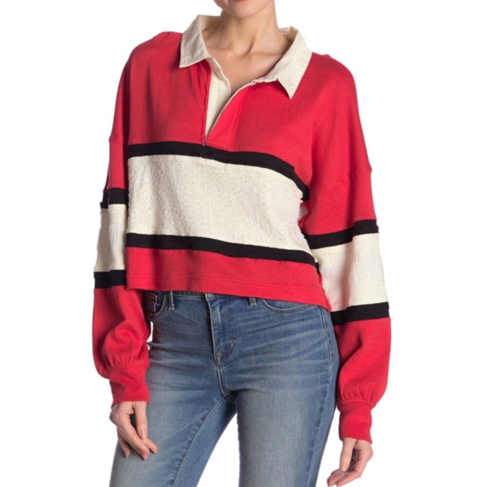 Free People Women's Red Long Sleeve Party Polo Oversized Crop Shirt Size S